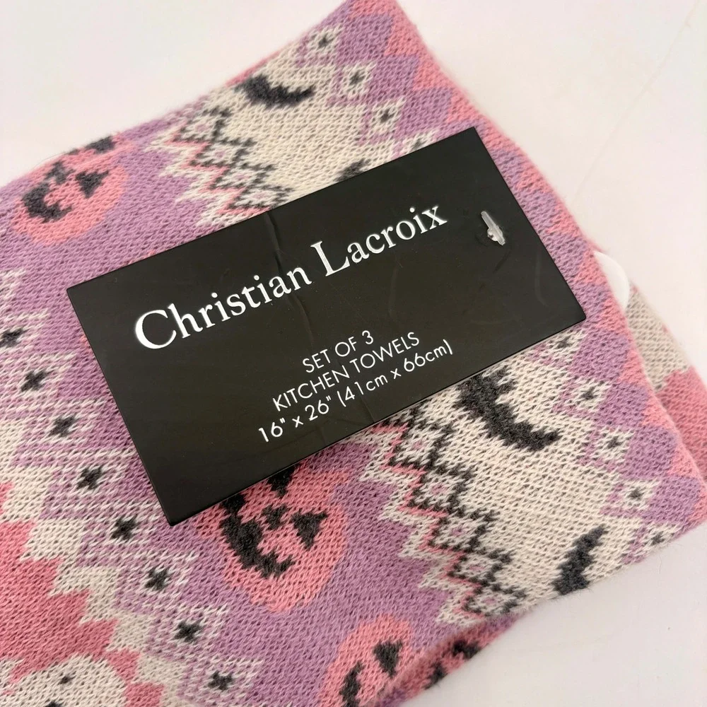 Christian Lacroix Halloween Kitchen Towels Set of 3 Pink Purple‎ Ghosts Pumpkins